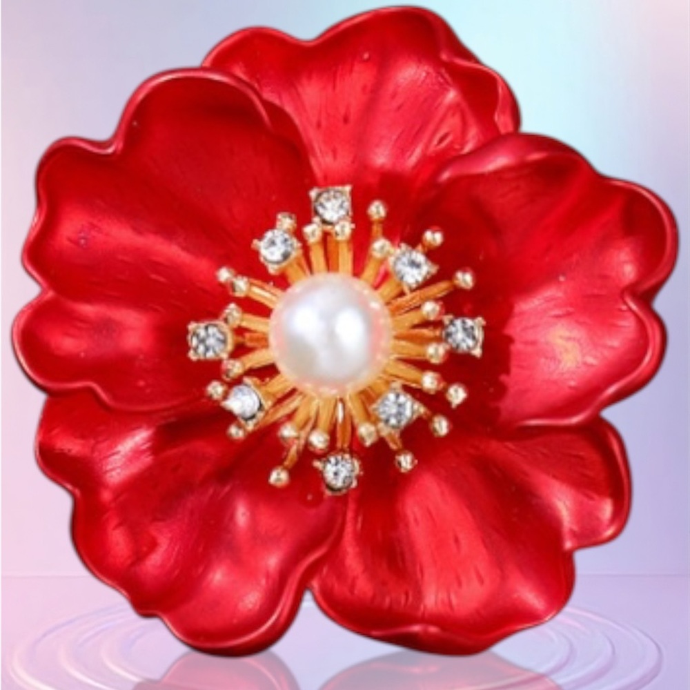New Elegant Red Poppy Flower Brooch with Pearl and Crystal Accents